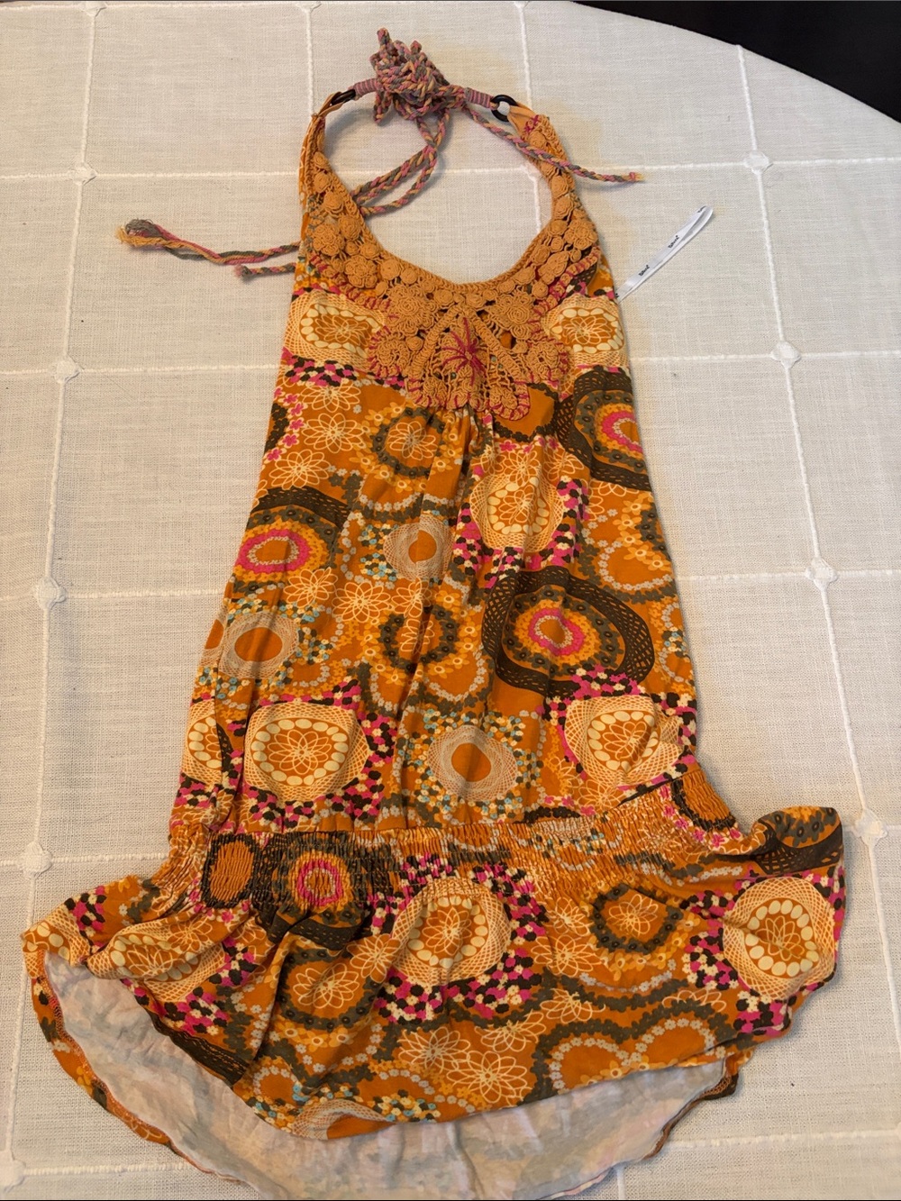 Papaya Backless Halter Dress in Mustard with Pink and Brown Accents